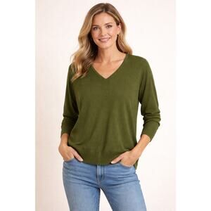 Debbie Morgan Womens Size Large Olive Green V Neck Lightweight Knit Sweaterz